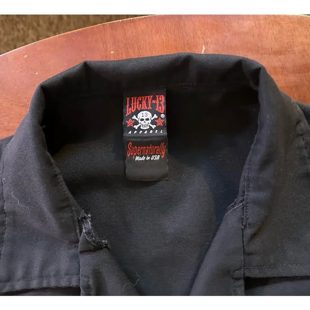 Vintage Lucky 13 Shirt Jacket Black Graphics Print Back USA Made Devil Kustom